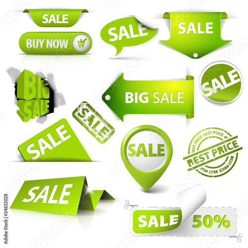 Collection of vector green sale tickets, labels, stamps