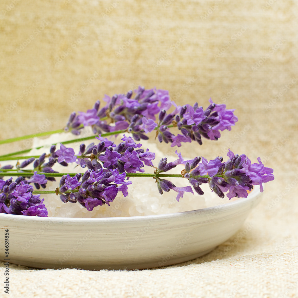 Lavender on Spa Bath Salt and Linen Background Lavender on Spa Bath Salt and Linen Background