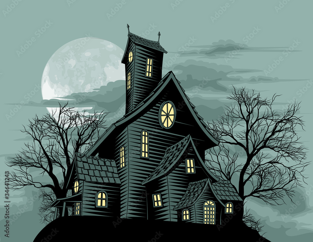 Fototapeta premium Creepy haunted ghost house scene illustration