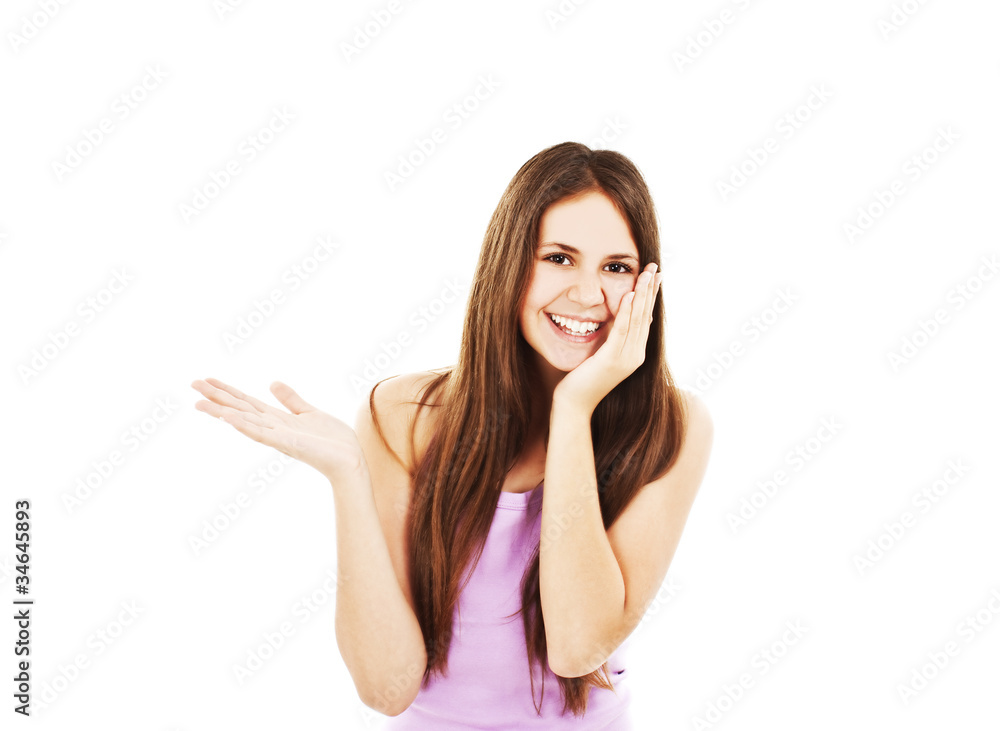 Surprised woman showing product Surprised woman showing product