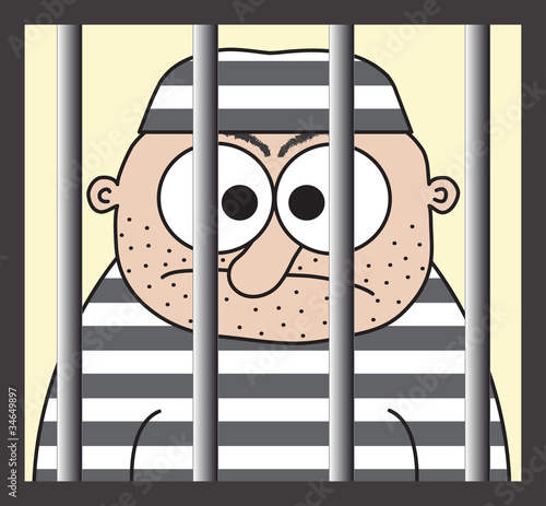 Cartoon prisoner behind the bars, funny vector illustration.