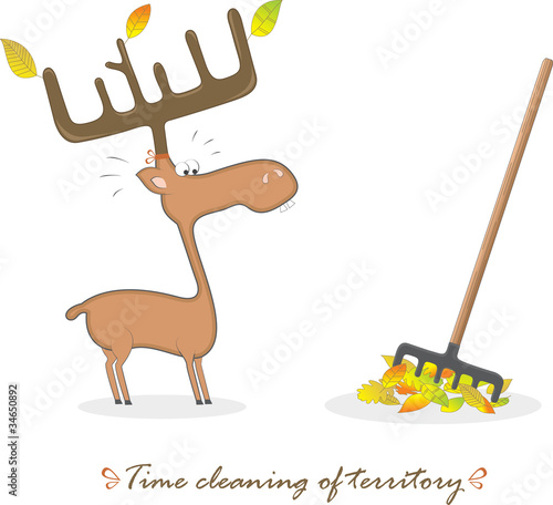 Funny elk and rake, vector illustration