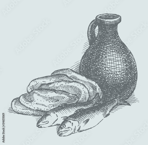 Vector sketch. Still life of a simple peasant food