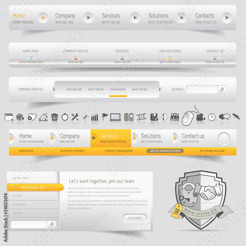 Web design navigation set with icons set