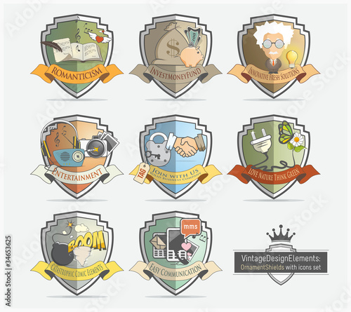 Shield labels with icons set