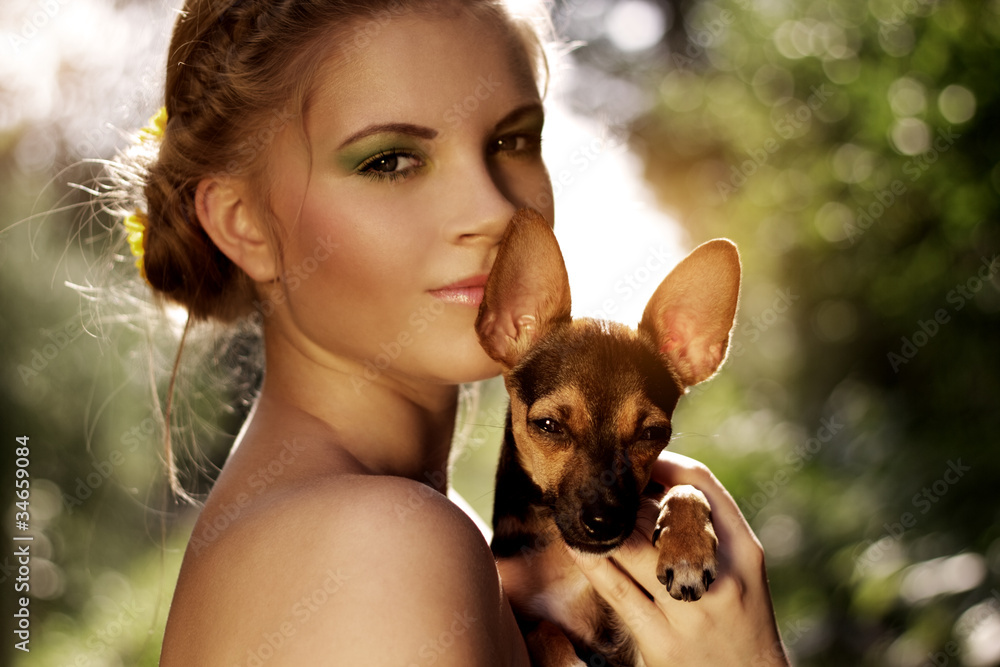 Portrait of a beautiful girl with Miniature Pinscher Portrait of a beautiful girl with Miniature Pinscher