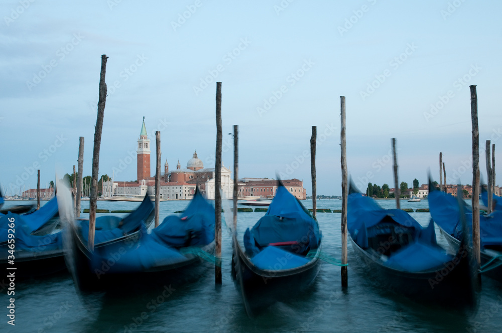 Gondolas in Venice  in background San Giorgio Maggiore church