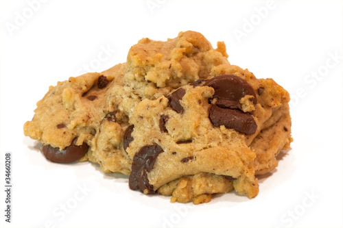Baked chocolate chip cookie; isolated on white