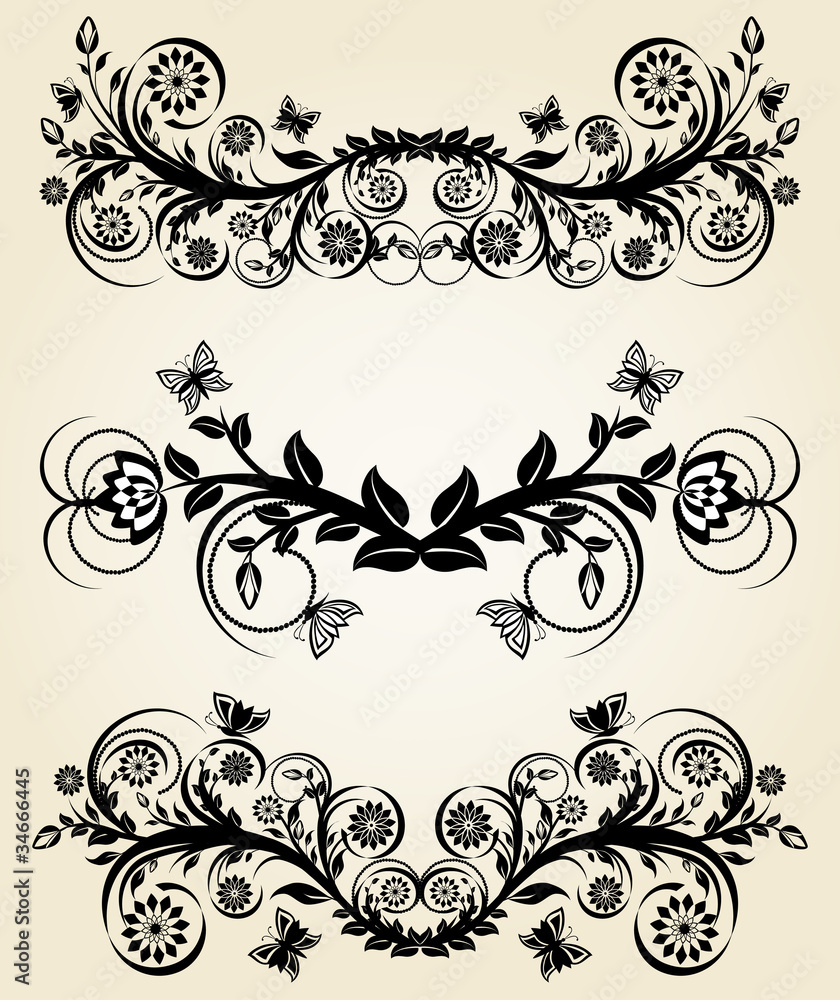 Vector illustration of a set of vintage black floral borders