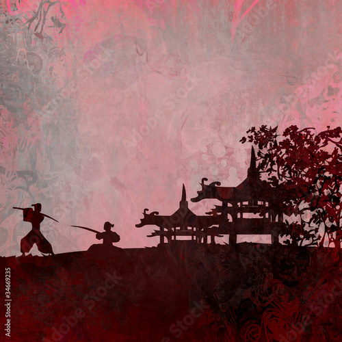 Samurai silhouette in Asian Landscape