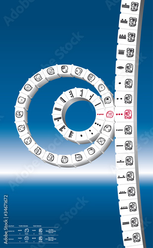 Maya calendar consisting of 260 day-count Tzolkin combined with 365-day solar year Haab to form a Calendar Round, showing the first day of the new calendar round, doomsday. Illustration. Vector.