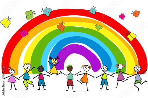 Children playing on rainbow background
