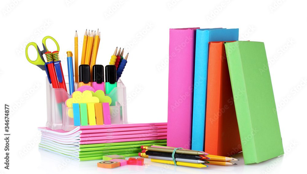 Fototapeta premium bright stationery and books isolated on white