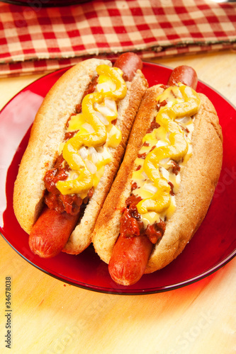 Chili Cheese Dogs with Mustard and Onions