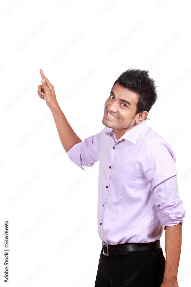 man pointing to blank space