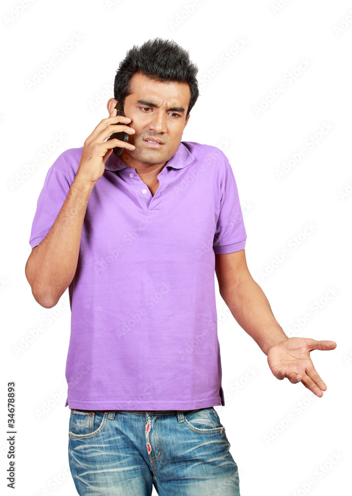Portrait of man with phone gesturing do not know Portrait of man with phone gesturing do not know