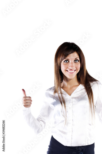 Successful young business woman happy for her success. Isolated