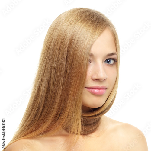 Pretty girl with long hair isolated on white