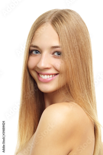 Pretty girl with long hair isolated on white