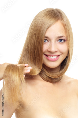 beautiful girl with long hair isolated on white