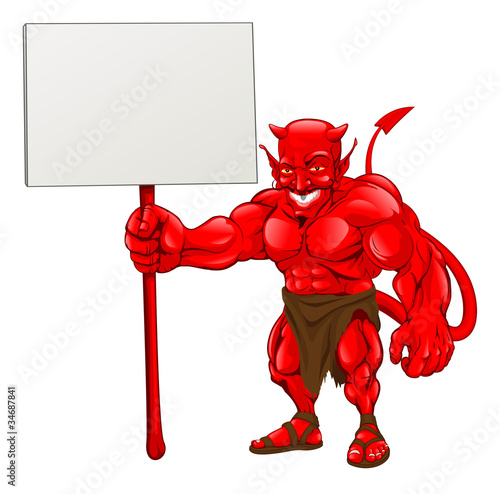 Devil standing holding sign