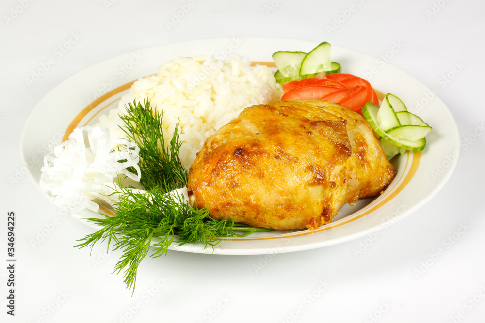 Steamed Garlic chicken and rice on white plate Steamed Garlic chicken and rice on white plate