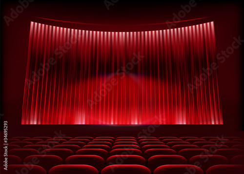 Cinema auditorium with stage curtain. Vector illustration.