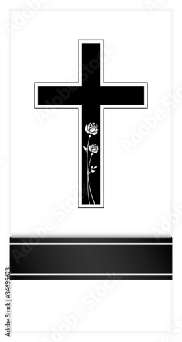 Mourning Card Black Cross, Ribbon & Roses