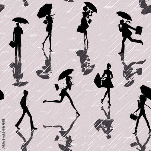 Seamless pattern with silhouettes of people with umbrellas