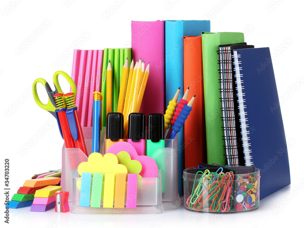 bright stationery and books isolated on white Stock Photo Adobe Stock