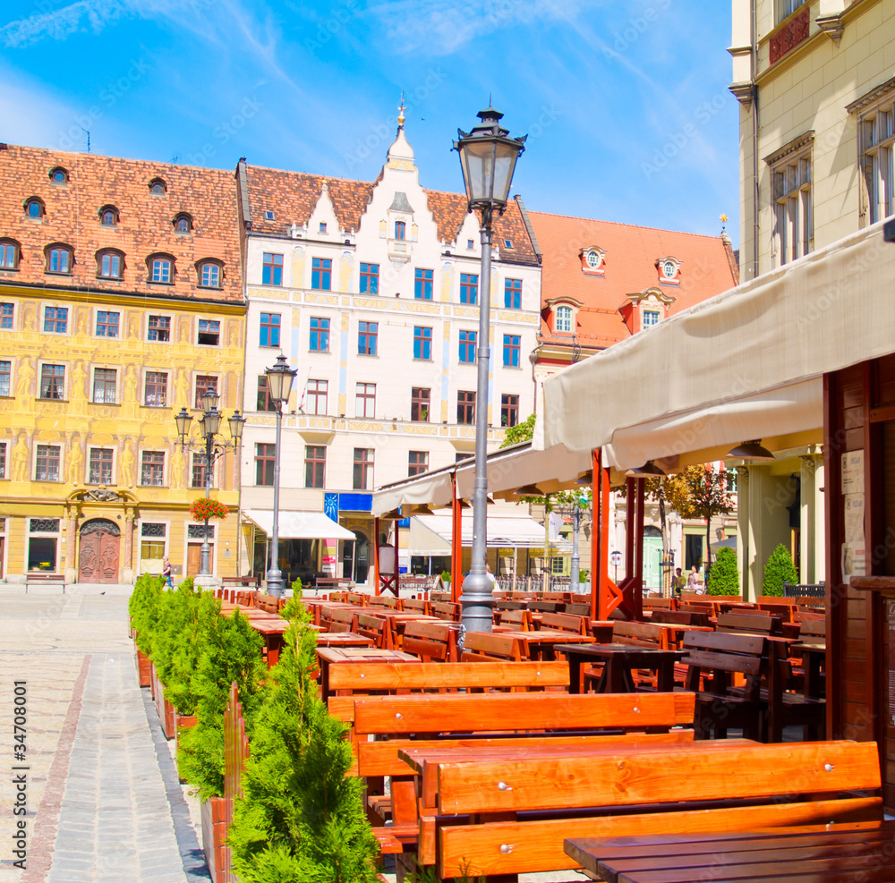 Obraz premium street cafe in old town, Wroclaw, Poland