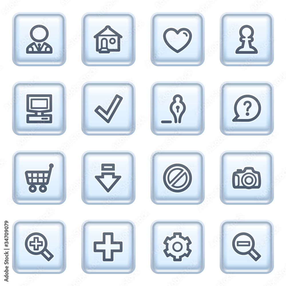 Basic icons on blue buttons.