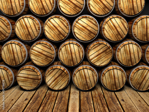 Photo wall of wooden barrels