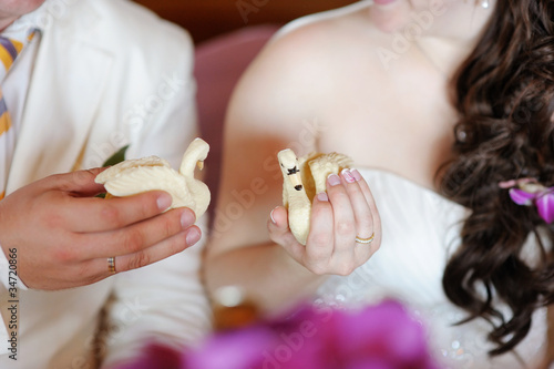 White doves in bride and groom s hands as a symbol of happy life