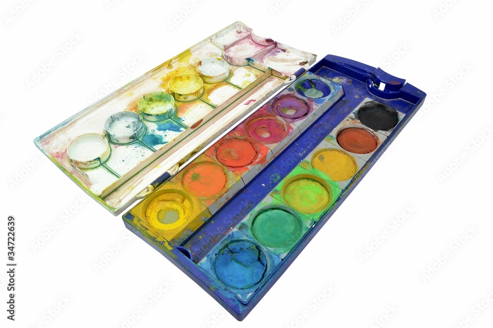 A childs used paint palette on a white background A childs used paint palette on a white background