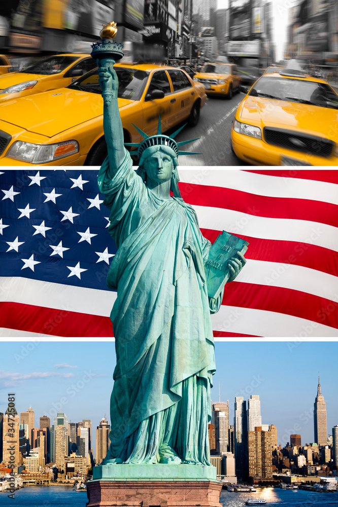 New York, statue de la liberté, taxi, skyline