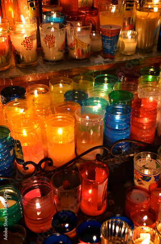 Candles inside a church in Oaxaca, Mexico.