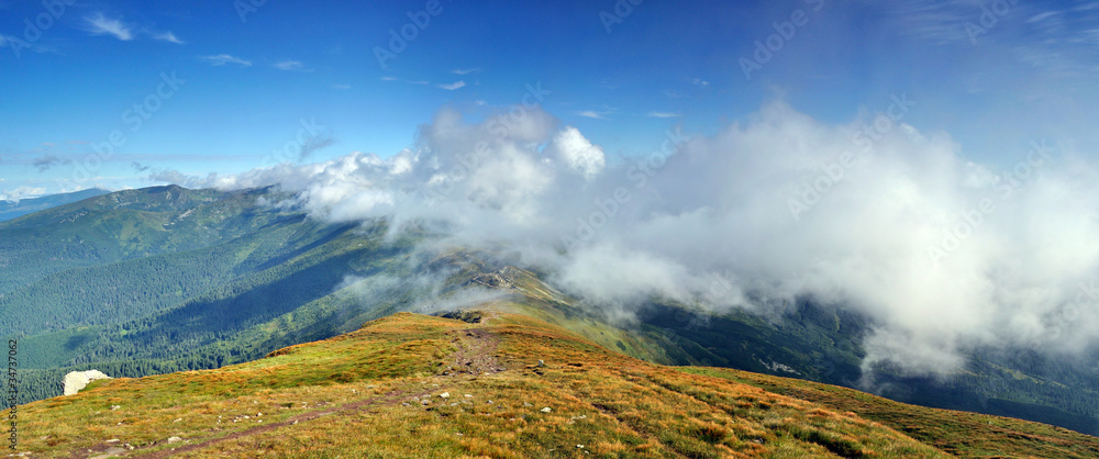 High Carpathian mountains in clouds