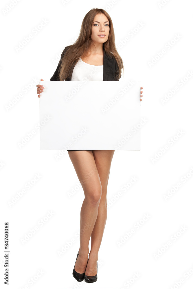 Full length of young woman holding the blank board Full length of young woman holding the blank board