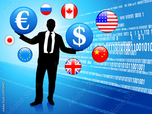 Businessman on Economic background with internet flag buttons
