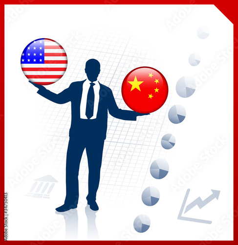 Businessman Holding United States and china  Internet Flag Butto