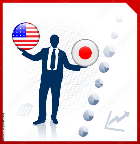 Businessman Holding United States and Japan Internet Flag Button
