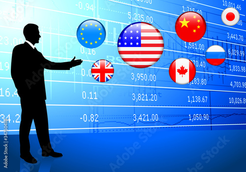 Businessman on Economic background with internet flag buttons