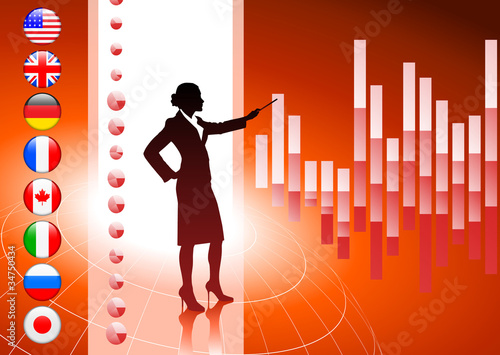 Businesswoman with Internet Flag Buttons Background