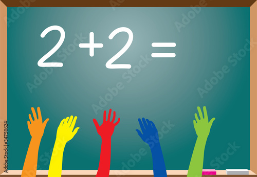 elementary school students raising hands