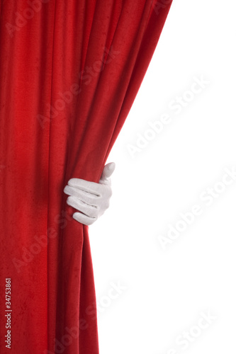 Red Curtain hand over white