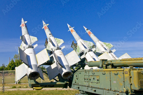 Antiaircraft rockets on the launcher against blue sky