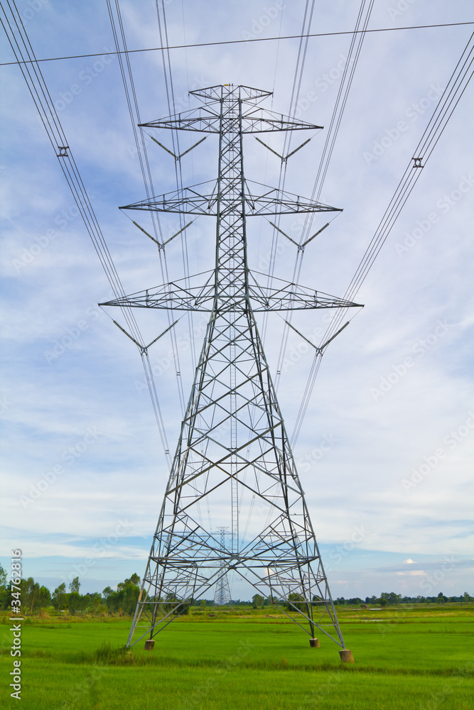 Electricity pylon over the rice field