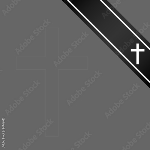 Mourning Card Grey Black Ribbon & Cross