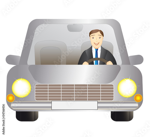 cute driver man in silver car on white background